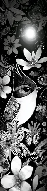 Free bird bookmark featuring a cute bird on black and white